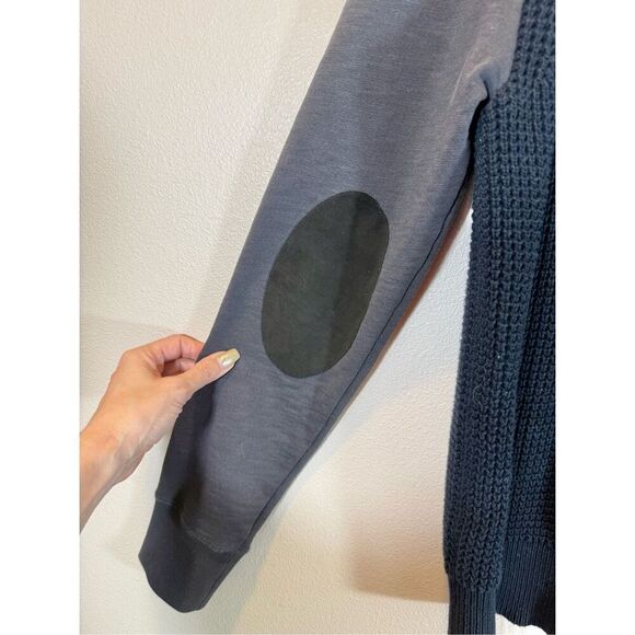 AllSaints Mather Crewneck Deep Blue 100% Leather Elbow Patch Sweater Men's M - Picture 3 of 9